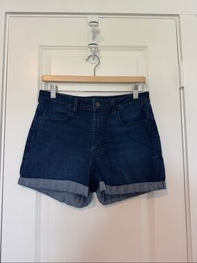 Classic Dark Blue Denim Cuffed Women’s High Waisted Shorts Summer Vacation